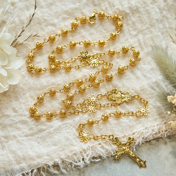 Christianartworkshop Sacred Heart of Jesus & Crucifix of 6mm Golden Metal Ball Flower Rosary