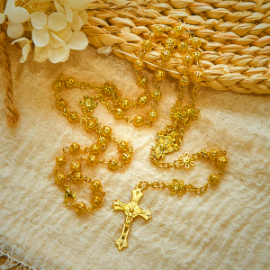 Sacred Heart of Jesus & Crucifix of 6mm Golden Metal Ball Flower Rosary