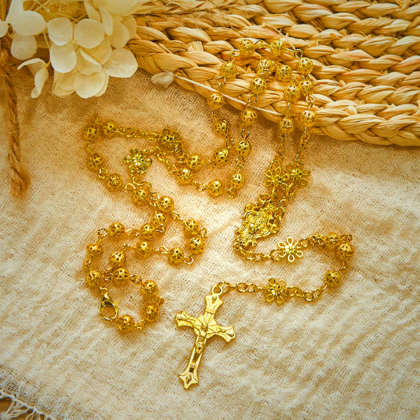 Sacred Heart of Jesus & Crucifix of 6mm Golden Metal Ball Flower Rosary