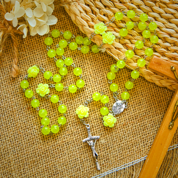 Spring Light Yellow Bead Rosary with Rose Accents: Mary's Blessing in Every Prayer
