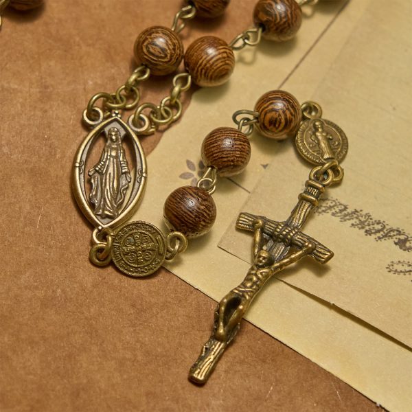 Miraculous Medal & Crucifix St. Benedict Medal 8mm Wooden Beads Rosary