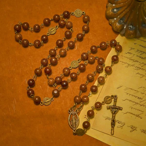Miraculous Medal & Crucifix St. Benedict Medal 8mm Wooden Beads Rosary