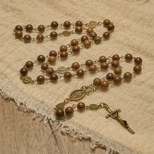 Miraculous Medal & Crucifix St. Benedict Medal 8mm Wooden Beads Rosary