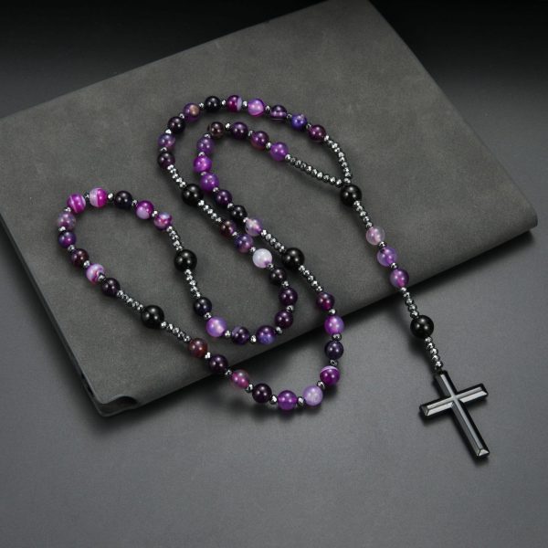 Christianartworkshop 8mm Purple Agate Natural Stone Cross Rosary