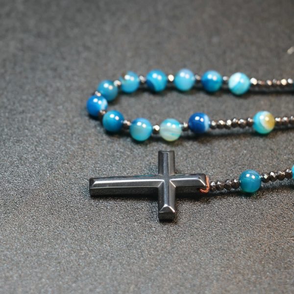 8mm Striped Blue Agate Natural Stone Beads Iron Gallstone Cross Rosary