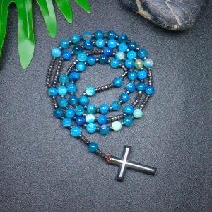 8mm Striped Blue Agate Natural Stone Beads Iron Gallstone Cross Rosary