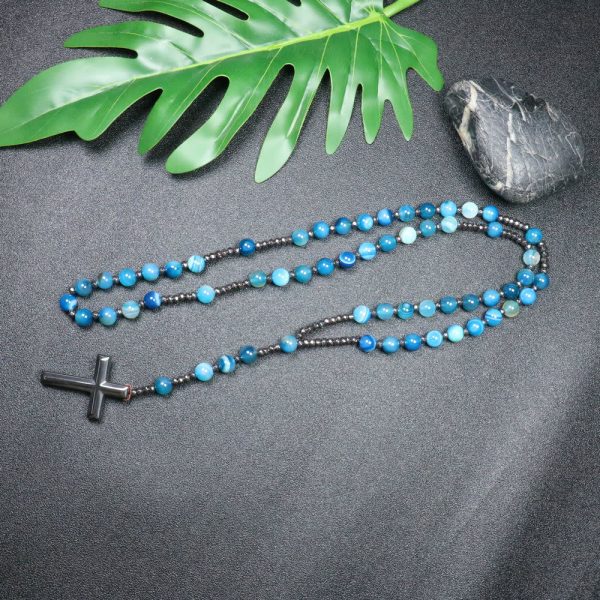 8mm Striped Blue Agate Natural Stone Beads Iron Gallstone Cross Rosary