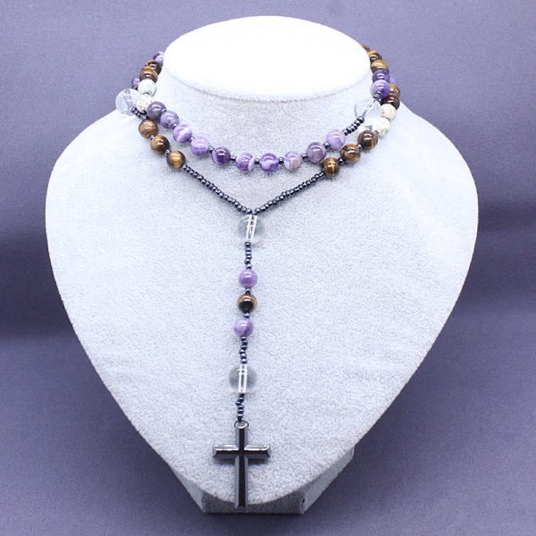 Christianartworkshop 8mm Natural Amethyst Tiger Eye Stone Agate Cross Rosary