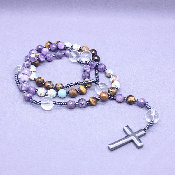 Christianartworkshop 8mm Natural Amethyst Tiger Eye Stone Agate Cross Rosary