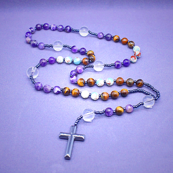 8mm Natural Amethyst Tiger Eye Stone Agate Cross Rosary