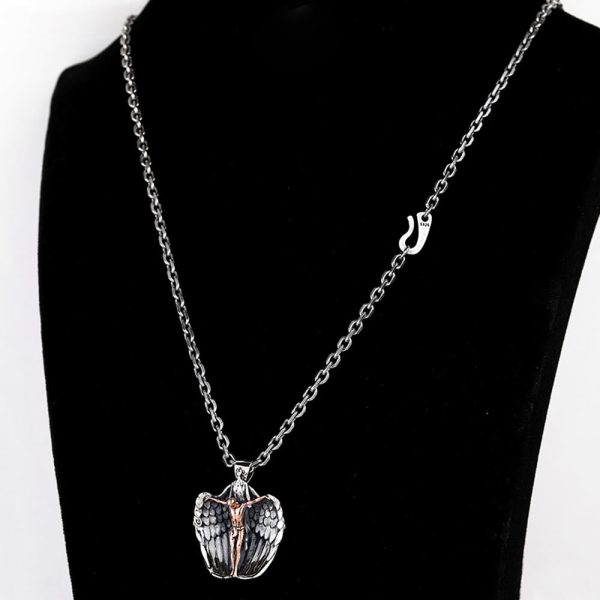 925 Sterling Silver Crucifix with Angel Wings Vintage Necklace: Distinctive Emblem of Divine Grace