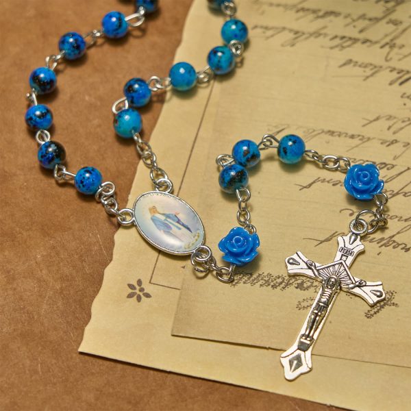 Christianartworkshop Royal Blue Stone Beads Rose of Miraculous Medal & Crucifix Prayer Rosary
