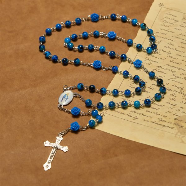 Christianartworkshop Royal Blue Stone Beads Rose of Miraculous Medal & Crucifix Prayer Rosary