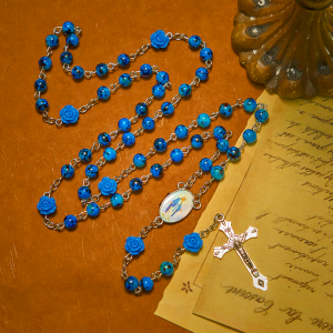 Royal Blue Stone Beads Rose of Miraculous Medal & Crucifix Prayer Rosary
