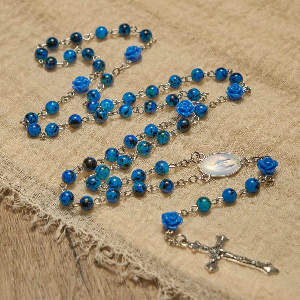 Christianartworkshop Royal Blue Stone Beads Rose of Miraculous Medal & Crucifix Prayer Rosary