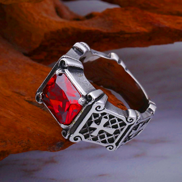 Red & Black Gemstone Cross - Embellished Couple Ring: A Symbol of Faith and Style