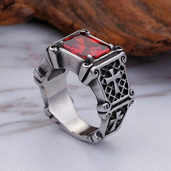 Christianartworkshop Red & Black Gemstone Cross - Embellished Couple Ring: A Symbol of Faith and Style