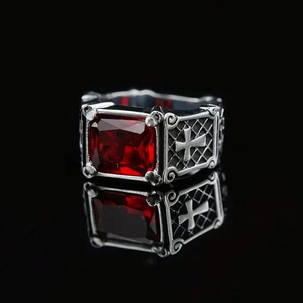 Christianartworkshop Red & Black Gemstone Cross - Embellished Couple Ring: A Symbol of Faith and Style