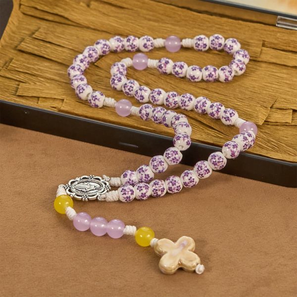 Miraculous Medal & Cross of 8mm Flower Ceramic Beads Handmade Rosary for Holy Prayer