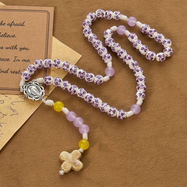 Miraculous Medal & Cross of 8mm Flower Ceramic Beads Handmade Rosary for Holy Prayer