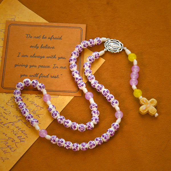 Miraculous Medal & Cross of 8mm Flower Ceramic Beads Handmade Rosary for Holy Prayer