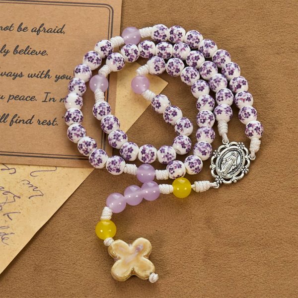 Miraculous Medal & Cross of 8mm Flower Ceramic Beads Handmade Rosary for Holy Prayer
