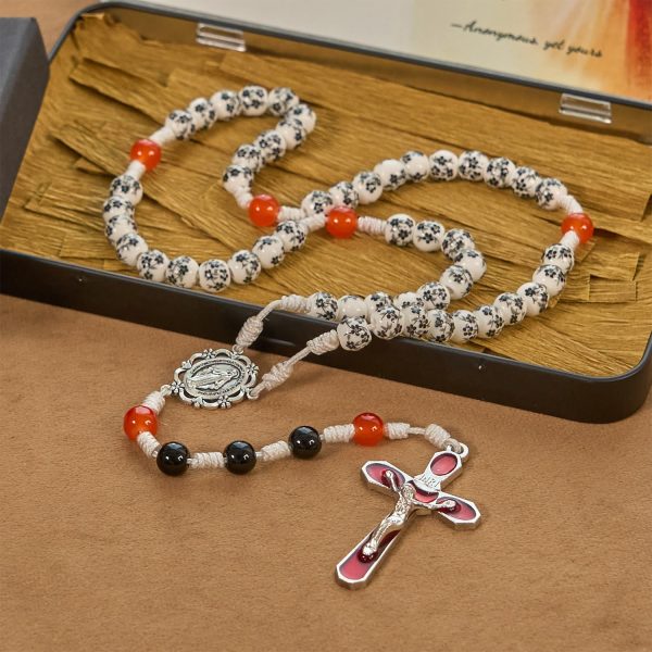Miraculous Medal & Crucifix of 8mm Flower Ceramic Beads Handmade Rosary——Divine Protection Rosary