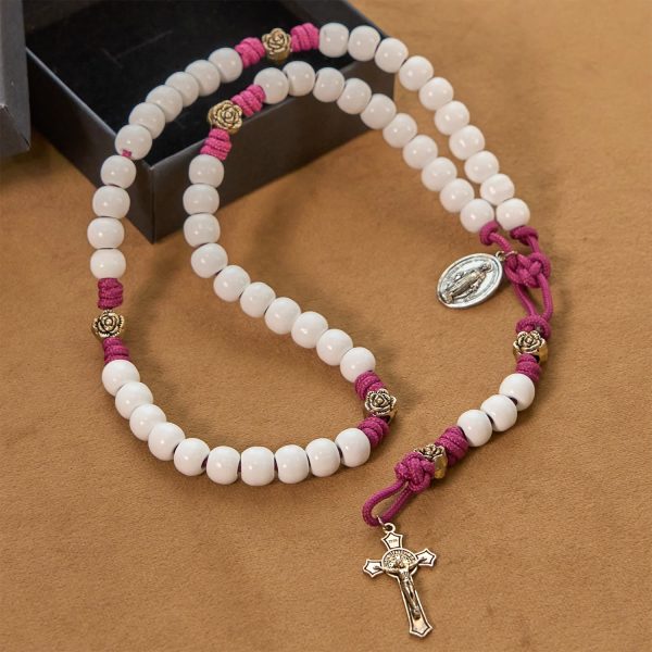 Christianartworkshop Grace - Infused Rosary: Handmade White Bead Rosary with Mary's Medal and Floral Accents
