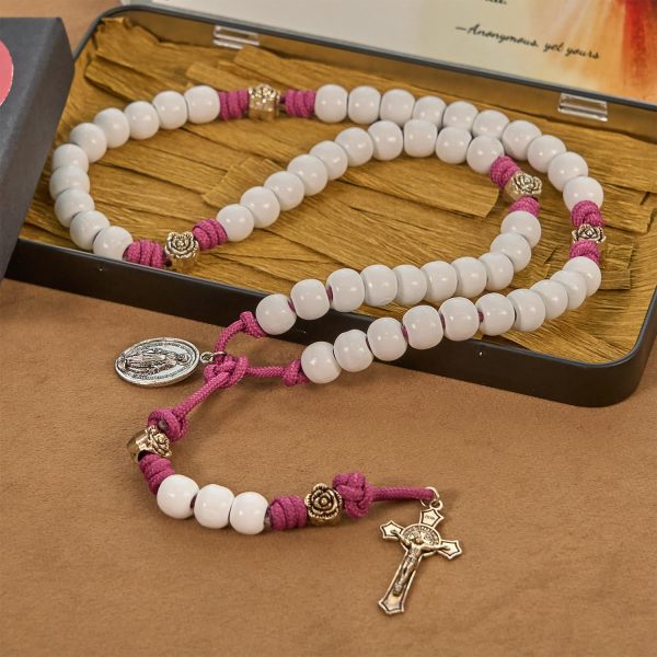 Christianartworkshop Grace - Infused Rosary: Handmade White Bead Rosary with Mary's Medal and Floral Accents