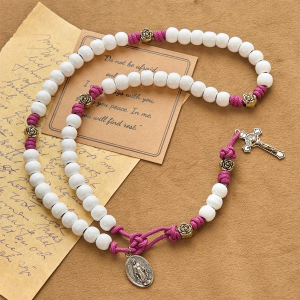 Christianartworkshop Grace - Infused Rosary: Handmade White Bead Rosary with Mary's Medal and Floral Accents