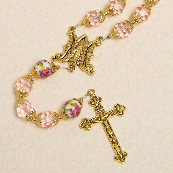 Christianartworkshop Pink Crystal Beads with Golden Alloy Chain Crucifix & Virgin Mary Prayer Rosary