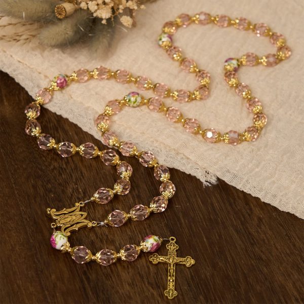 Christianartworkshop Pink Crystal Beads with Golden Alloy Chain Crucifix & Virgin Mary Prayer Rosary