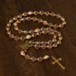 Christianartworkshop Pink Crystal Beads with Golden Alloy Chain Crucifix & Virgin Mary Prayer Rosary
