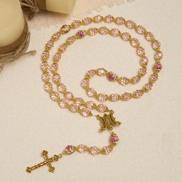 Christianartworkshop Pink Crystal Beads with Golden Alloy Chain Crucifix & Virgin Mary Prayer Rosary