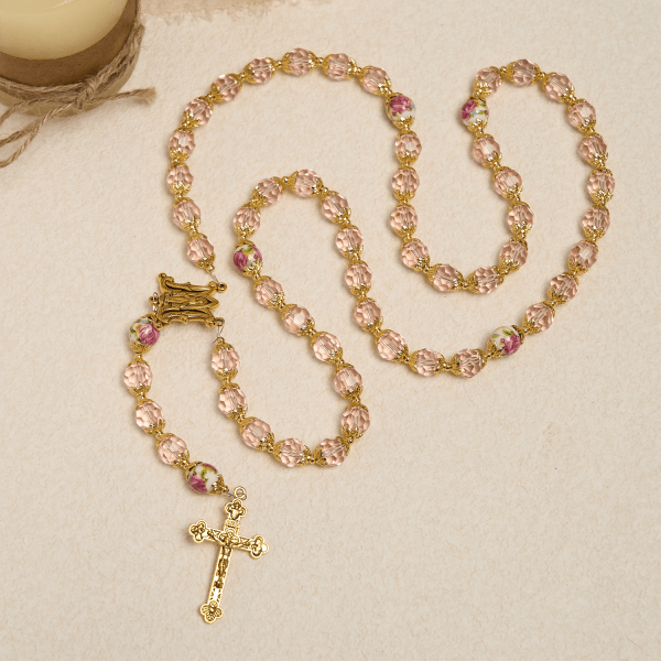 Christianartworkshop Pink Crystal Beads with Golden Alloy Chain Crucifix & Virgin Mary Prayer Rosary