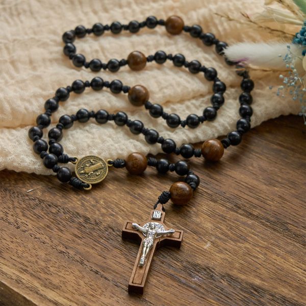 St. Benedict Medal & Crucifix of Black Wooden Round Beads Blessed Devotion Rosary