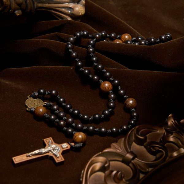 St. Benedict Medal & Crucifix of Black Wooden Round Beads Blessed Devotion Rosary