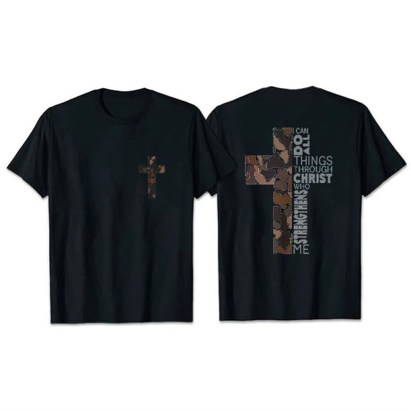 Christianartworkshop Camo Cross Design With Philippians 4:13 Verse Christian T-Shirt