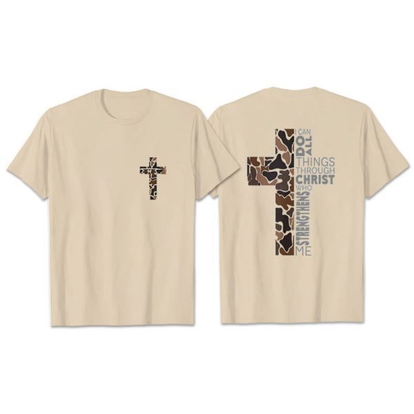 Christianartworkshop Camo Cross Design With Philippians 4:13 Verse Christian T-Shirt