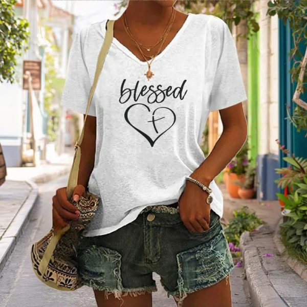 Christianartworkshop Women's Blessed Love Cross Jesus Has My Back Print V-Neck T-shirt