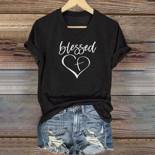 Christianartworkshop Women's Blessed Love Cross Jesus Has My Back Print V-Neck T-shirt