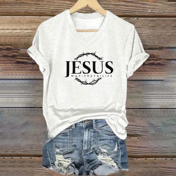 Christianartworkshop Women's Jesus Print Casual Print V-Neck T-shirt