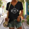 Christianartworkshop Women's Jesus Print Casual Print V-Neck T-shirt