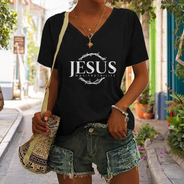 Christianartworkshop Women's Jesus Print Casual Print V-Neck T-shirt