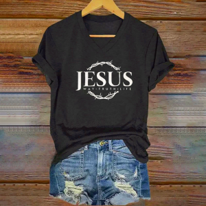 Christian Women's Jesus Print V-Neck T-Shirt | Faith Fashion