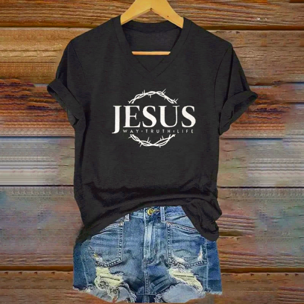 Christian Women's Jesus Print V-Neck T-Shirt | Faith Fashion