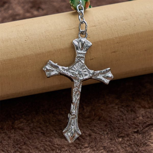 Our Lady Medal & Crucifix of 8mm Green Glass Beads Rosary—Blessed Symbol of Faith