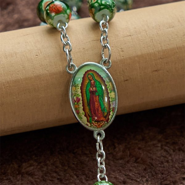 Our Lady Medal & Crucifix of 8mm Green Glass Beads Rosary—Blessed Symbol of Faith