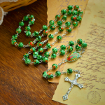 Our Lady Medal & Crucifix of 8mm Green Glass Beads Rosary—Blessed Symbol of Faith