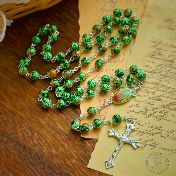 Our Lady Medal & Crucifix of 8mm Green Glass Beads Rosary—Blessed Symbol of Faith